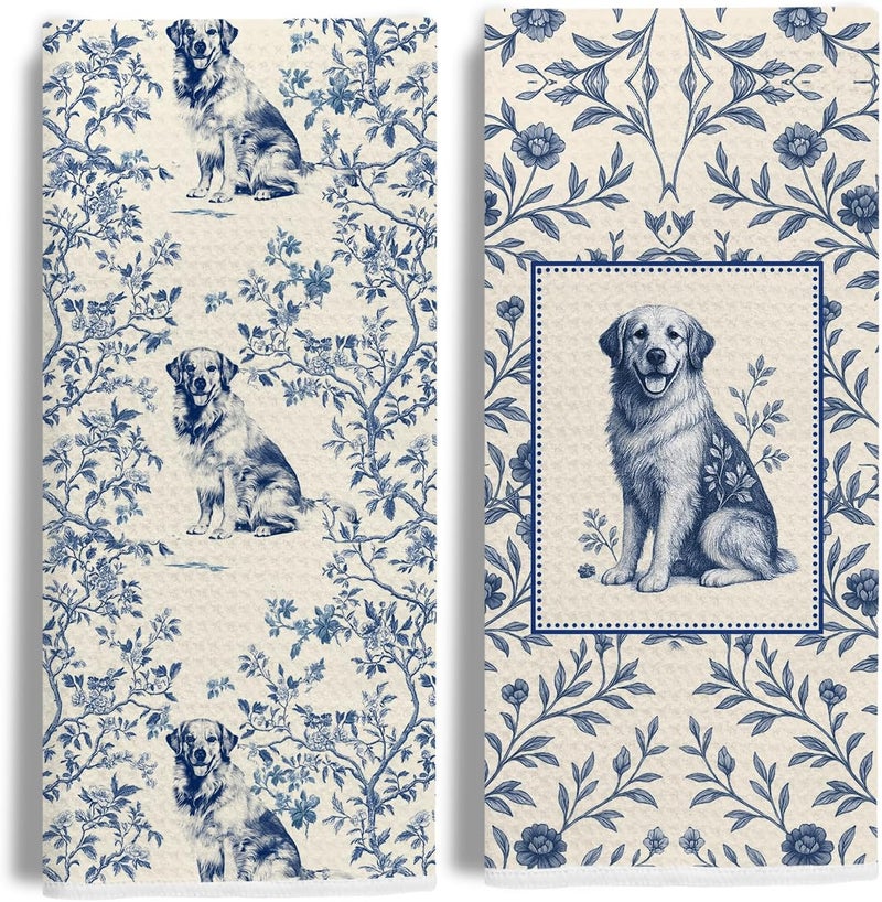 EKGJW Blue Chinoiserie Golden Retriever Kitchen Towels, Gifts for Golden Retriever Lovers Dish Tea Towels for Kitchen, Vintage French Toile Dog Decorative Hand Towel for Bathroom, 16x24 Inch Set of 2 - Image 1